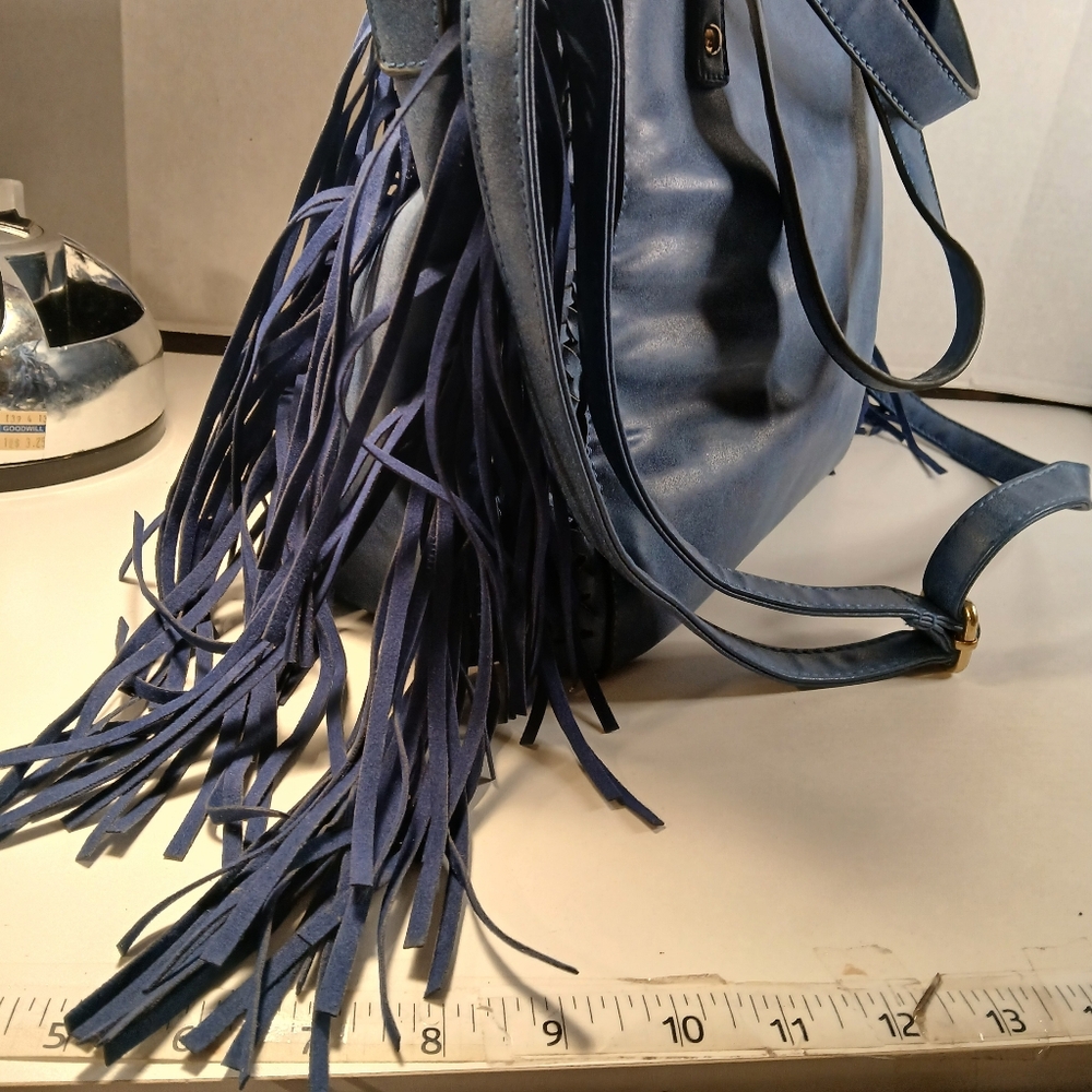 Yoki Denim Blue Faux Leather Fringed Square Shoulder Satchel Shoulder Bag